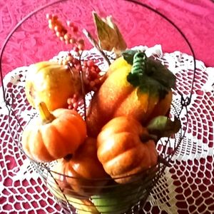 Very country kitchen wire basket with fruit & veggies great for eggs too.